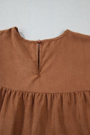Women's Chestnut Brown Mini Dress with Floral Embroidery and Tiered Ruffles