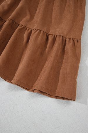 Women's Chestnut Brown Mini Dress with Floral Embroidery and Tiered Ruffles