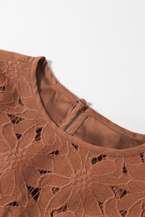 Women's Chestnut Brown Mini Dress with Floral Embroidery and Tiered Ruffles