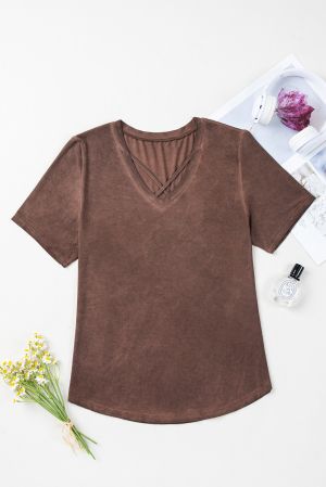 Women's Brown Criss Cross V-Neck Casual T-Shirt