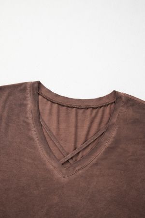 Women's Brown Criss Cross V-Neck Casual T-Shirt