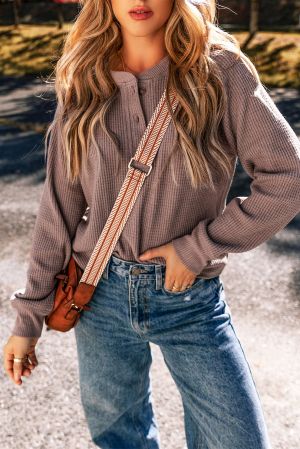 Women's Textured Knit Henley Long Sleeve Top, Ash Purple