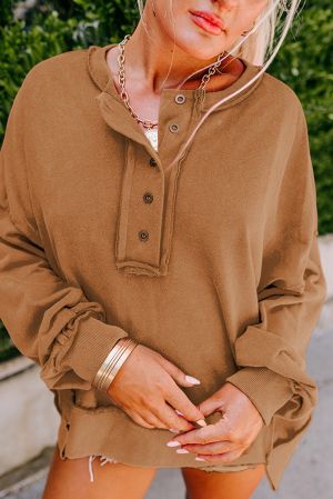 Women's Brown Henley Long Sleeve Top