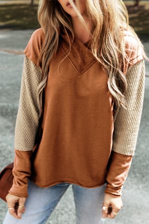 Women's Brown Hoodie with Contrast Sleeves, Patchwork Design