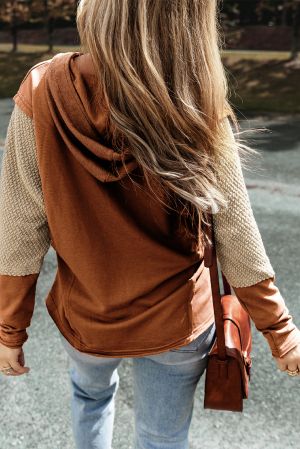 Women's Brown Hoodie with Contrast Sleeves, Patchwork Design