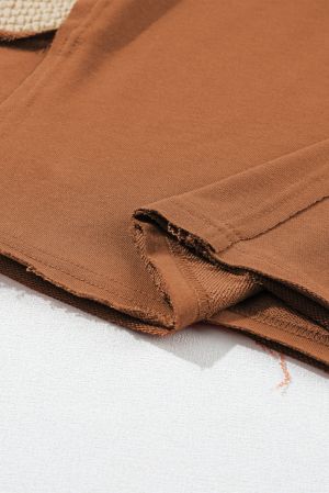 Women's Brown Hoodie with Contrast Sleeves, Patchwork Design