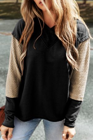 Women's Black Hoodie with Contrast Sleeves, Patchwork Design