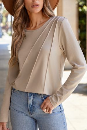 Women's Beige Long Sleeve Top with Asymmetric Seam Detail