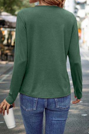 Women's Green Long Sleeve Top with Asymmetric Seam Detail