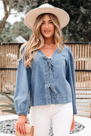 Denim Blouse with Tie Front and Relaxed Fit