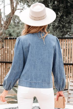 Denim Blouse with Tie Front and Relaxed Fit