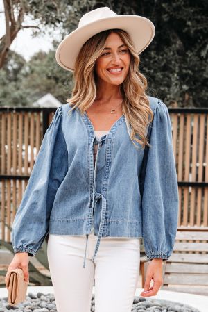 Denim Blouse with Tie Front and Relaxed Fit