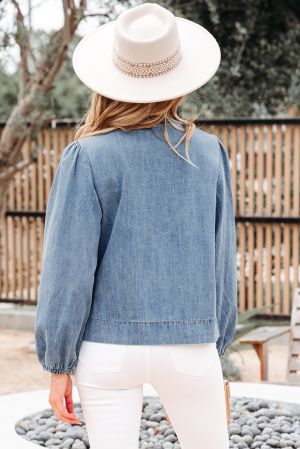 Denim Blouse with Tie Front and Relaxed Fit