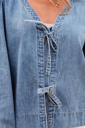 Denim Blouse with Tie Front and Relaxed Fit