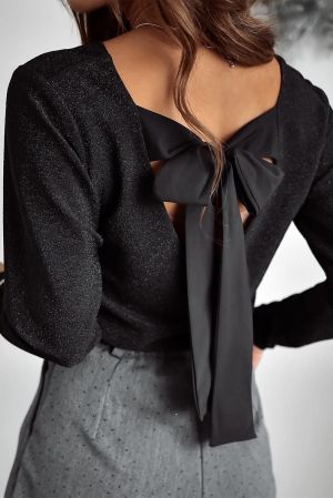 Women's Black Formal Blouse with Open Back and Bow