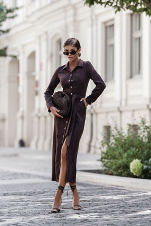 Women’s Brown Long Shirt Dress with Buttons and Belt