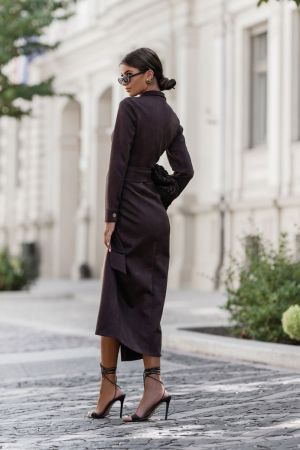 Women’s Brown Long Shirt Dress with Buttons and Belt