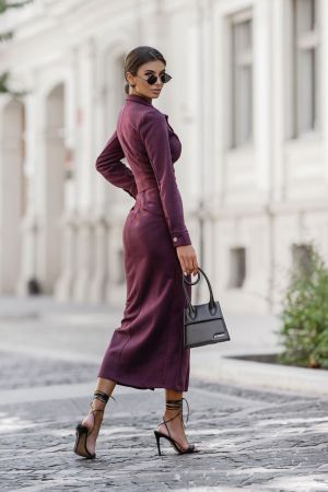 Women’s Burgundy Long Shirt Dress with Buttons and Belt