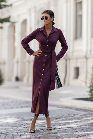 Women’s Burgundy Long Shirt Dress with Buttons and Belt