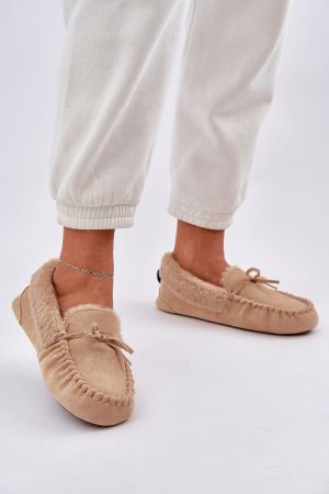 Women’s Beige Eco Suede Moccasin Slippers with Faux Fur Lining