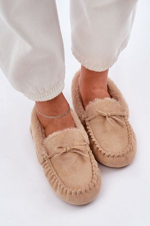 Women’s Beige Eco Suede Moccasin Slippers with Faux Fur Lining
