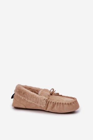 Women’s Beige Eco Suede Moccasin Slippers with Faux Fur Lining