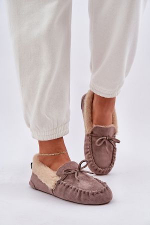 Women’s Light Brown Eco Suede Moccasin Slippers with Faux Fur Lining