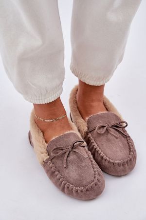 Women’s Light Brown Eco Suede Moccasin Slippers with Faux Fur Lining
