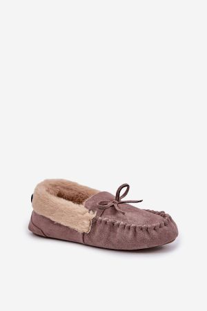 Women’s Light Brown Eco Suede Moccasin Slippers with Faux Fur Lining