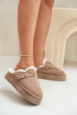 Women’s Beige Eco Suede Slippers with Fur and Thick 4 cm Sole