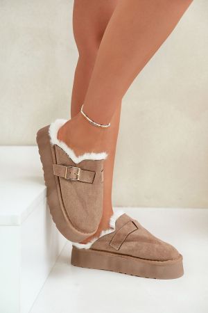 Women’s Beige Eco Suede Slippers with Fur and Thick 4 cm Sole