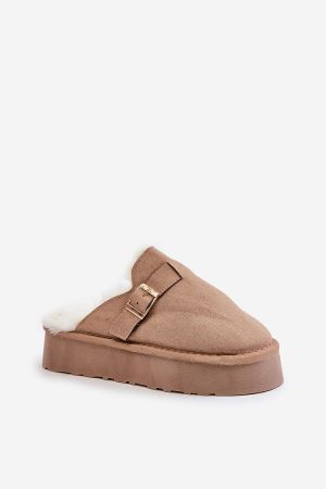 Women’s Beige Eco Suede Slippers with Fur and Thick 4 cm Sole