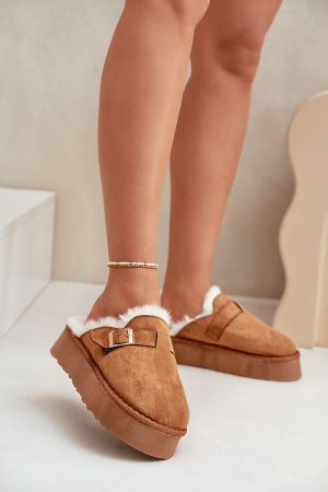 Women’s Brown Eco Suede Slippers with Fur and Thick 4 cm Sole