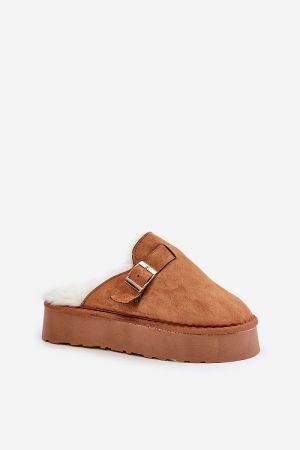 Women’s Brown Eco Suede Slippers with Fur and Thick 4 cm Sole