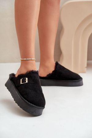 Women’s Black Eco Suede Slippers with Fur and Thick 4 cm Sole