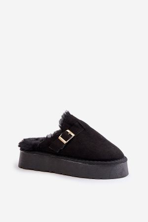 Women’s Black Eco Suede Slippers with Fur and Thick 4 cm Sole