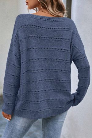 Women’s Blue Knitted Sweater with Openwork Stripes and Loose Fit