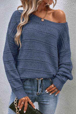 Women’s Blue Knitted Sweater with Openwork Stripes and Loose Fit