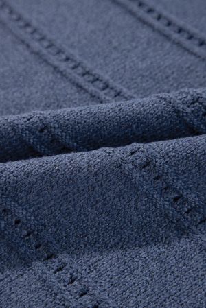Women’s Blue Knitted Sweater with Openwork Stripes and Loose Fit