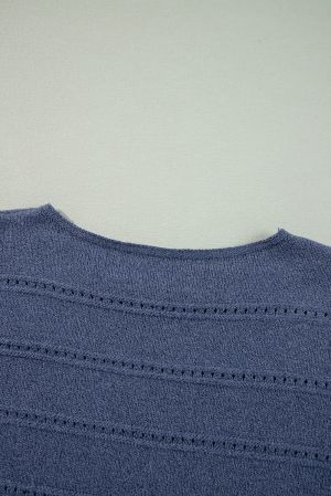 Women’s Blue Knitted Sweater with Openwork Stripes and Loose Fit