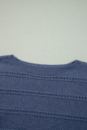 Women’s Blue Knitted Sweater with Openwork Stripes and Loose Fit