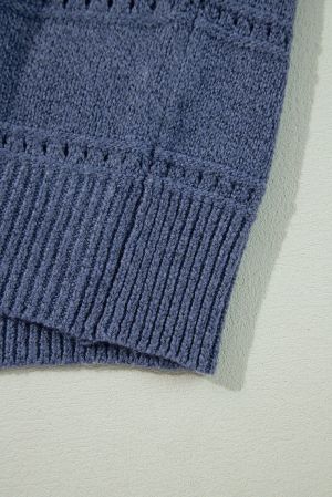 Women’s Blue Knitted Sweater with Openwork Stripes and Loose Fit