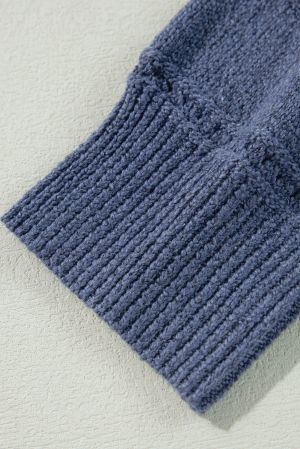 Women’s Blue Knitted Sweater with Openwork Stripes and Loose Fit