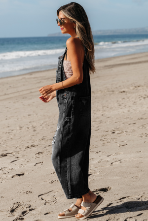 Black Distressed Bib Pocket Wide Leg Denim Overall