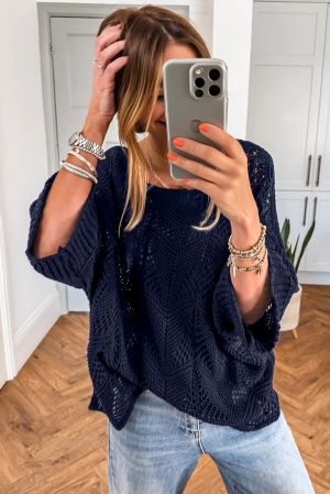 Women’s Navy Blue Women’s Sweater with Hollow Knit and 7/8 Sleeves