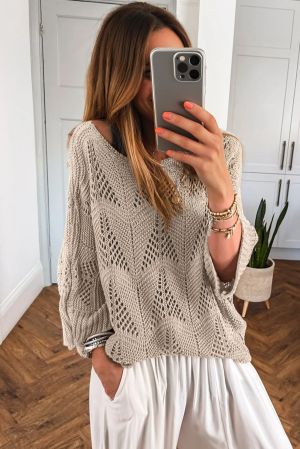 Women’s Beige Women’s Sweater with Hollow Knit and 7/8 Sleeves