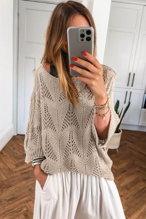 Women’s Beige Women’s Sweater with Hollow Knit and 7/8 Sleeves