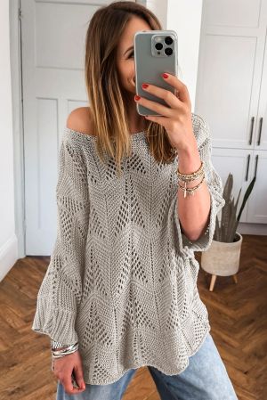 Women’s Grey Women’s Sweater with Hollow Knit and 7/8 Sleeves