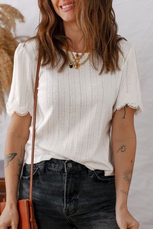 White Women’s Blouse with Lace Trim and Jacquard Pattern
