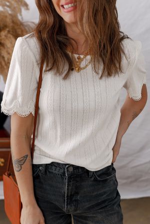 White Women’s Blouse with Lace Trim and Jacquard Pattern